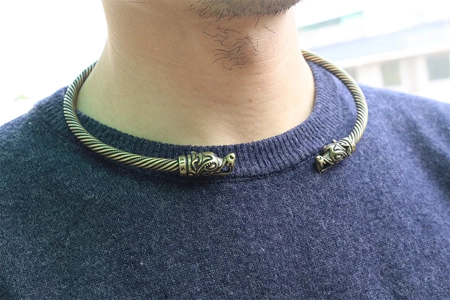 1pcs viking wolf bracelet Viking Wolf Head Fenrir Torc Neck Ring Ragnar Handmade Heavy Twisted Brass Wire Pagan Norse