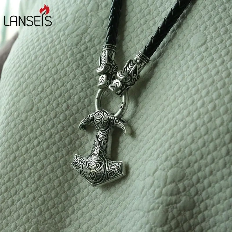 1pcs lanseis viking raven pendant Nordic Pagan men necklace  Raven's Mjolnir hammer