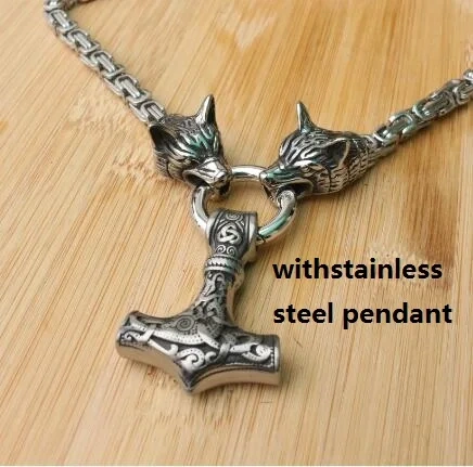 Men stainless steel necklace viking wolf head with thor's hammer mjolnir pendant norse talisman ethnic jewelry