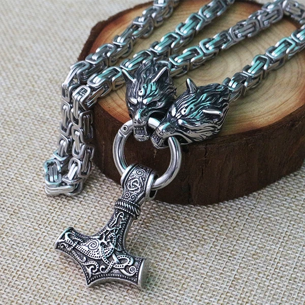 Men stainless steel necklace viking wolf head with thor's hammer mjolnir pendant norse talisman ethnic jewelry