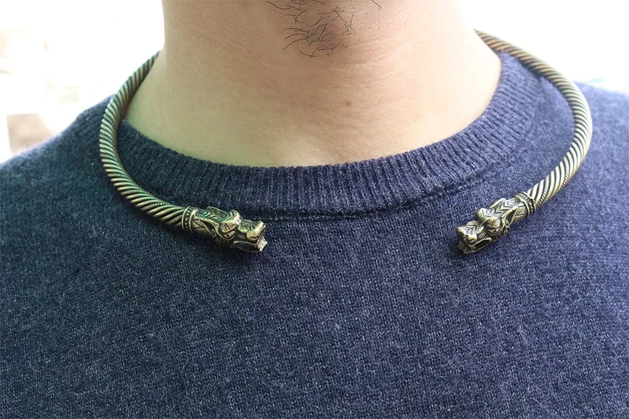 lanseis 1pcs viking wolf bracelet  Viking Wolf Head Fenrir Torc Neck Ring Ragnar Handmade Heavy Twisted Brass Wire Pagan Norse