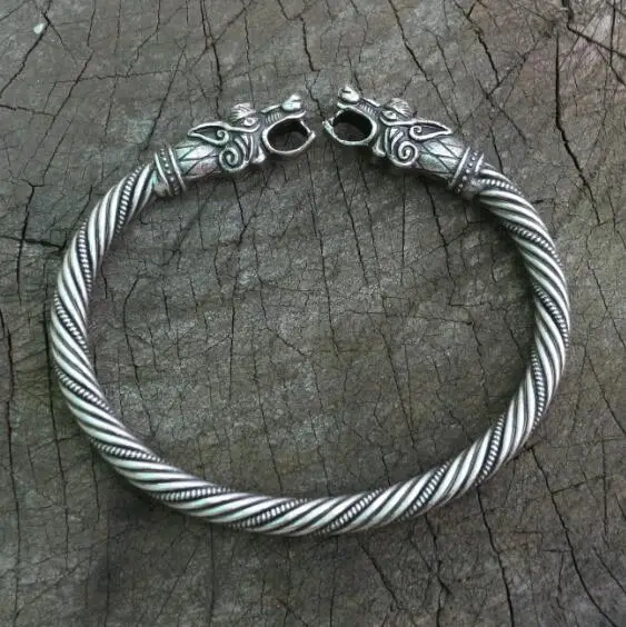 lanseis 1pcs viking wolf bracelet  Viking Wolf Head Fenrir Torc Neck Ring Ragnar Handmade Heavy Twisted Brass Wire Pagan Norse