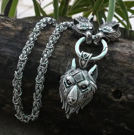 Men stainless steel necklace viking wolf head with Odin by Helena Rosova necklace pendan norse talisman ethnic jewelry