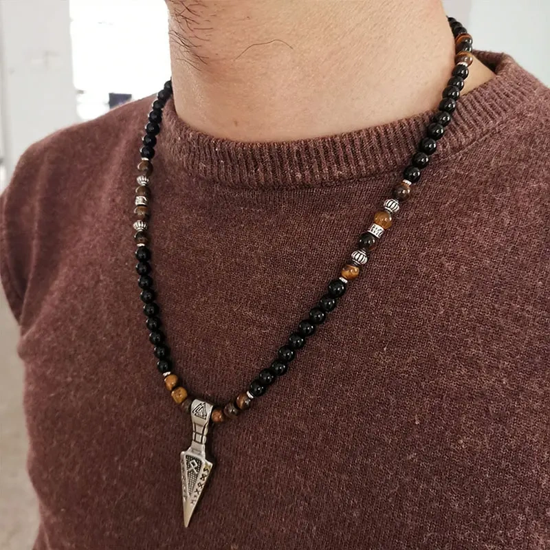 6mm viking Color Stones Beads Necklace pendant, viking Ethnic Jewelry, Agate stone and Tigers Eye men necklace  fashion jwewelry