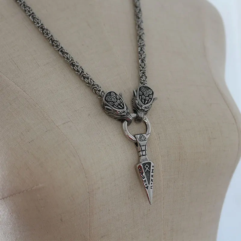 Men necklace viking wolf head with Triangle arrow rune  necklace stainless steel pendant norse talisman ethnic jewelry