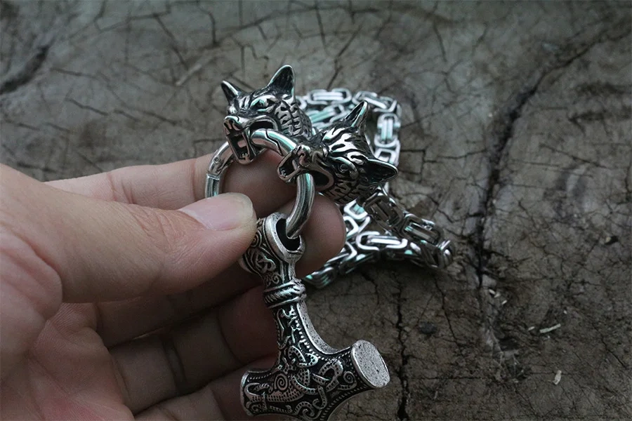 Men stainless steel necklace viking wolf head with viking Mjolnir hammer pendant norse talisman ethnic jewelry