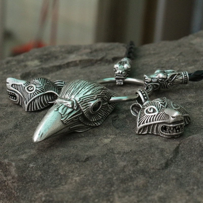 lanseis 1pcs Viking wolf head pendant raven head men necklace