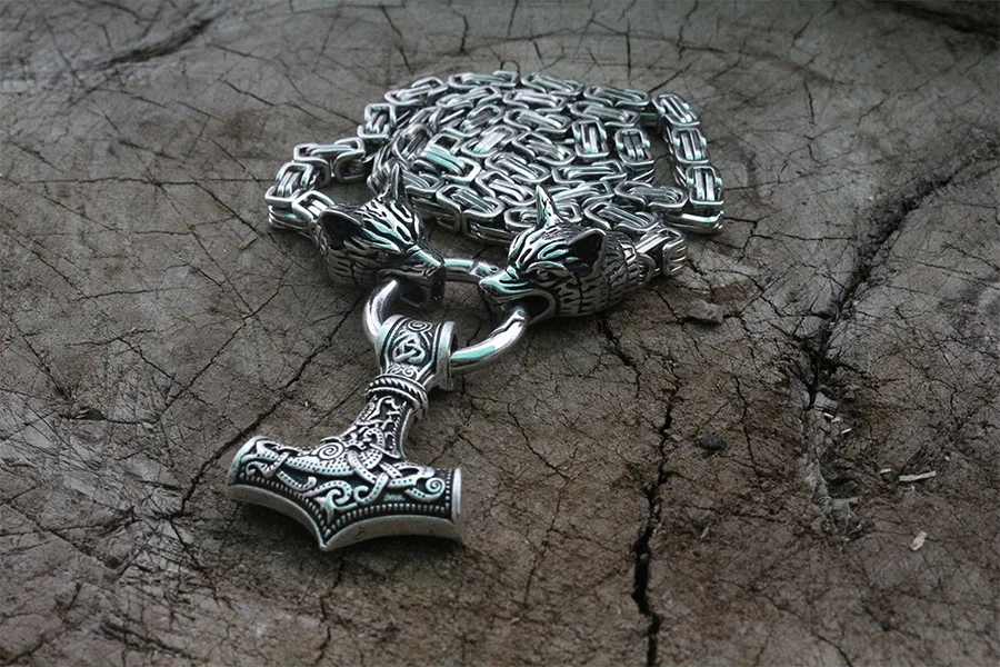 Men stainless steel necklace viking wolf head with viking Mjolnir hammer pendant norse talisman ethnic jewelry