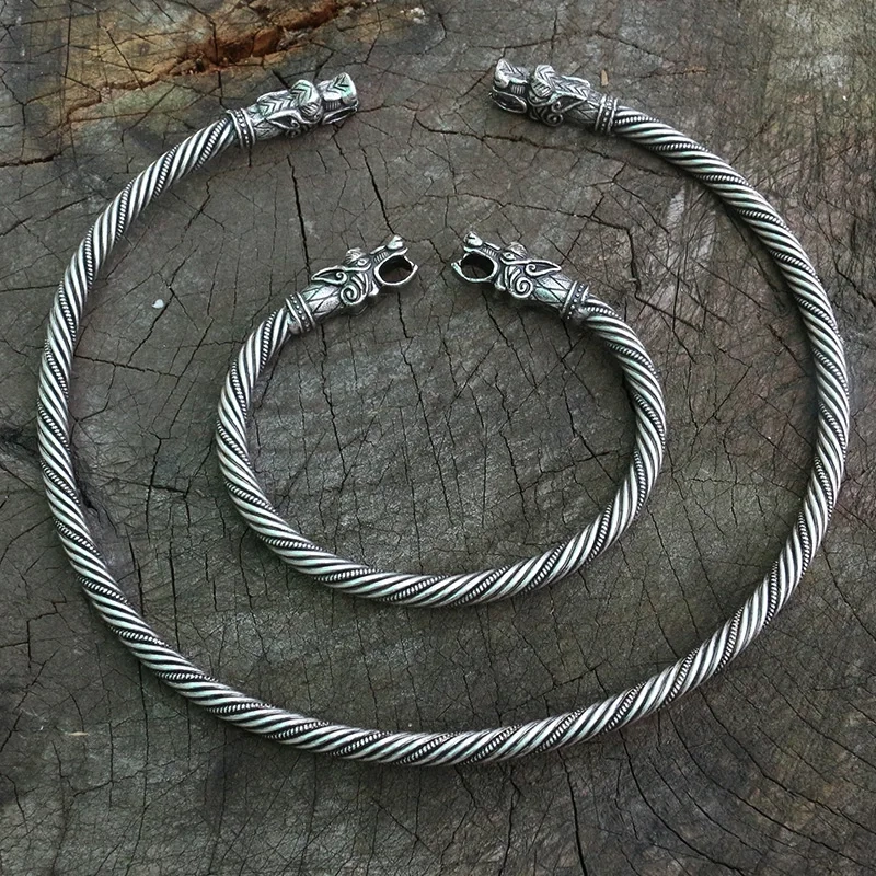 lanseis 1pcs viking wolf bracelet  Viking Wolf Head Fenrir Torc Neck Ring Ragnar Handmade Heavy Twisted Brass Wire Pagan Norse