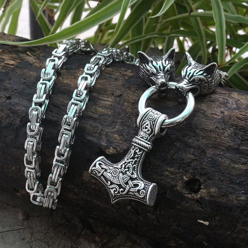 Men stainless steel necklace viking wolf head with viking Mjolnir hammer pendant norse talisman ethnic jewelry