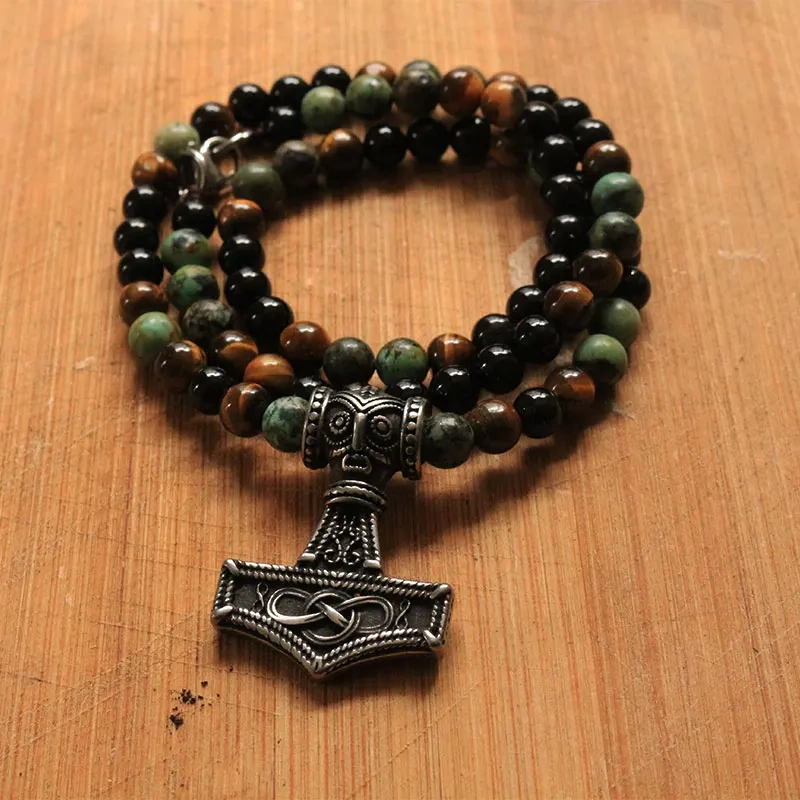 6mm viking Color Stones Beads Necklace pendant, viking Ethnic Jewelry, Agate stone and Tigers Eye men necklace  fashion jwewelry