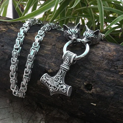 Men stainless steel necklace viking wolf head with viking Mjolnir hammer pendant norse talisman ethnic jewelry
