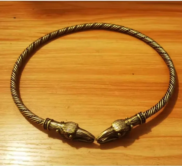 lanseis 1pcs viking wolf bracelet  Viking Wolf Head Fenrir Torc Neck Ring Ragnar Handmade Heavy Twisted Brass Wire Pagan Norse