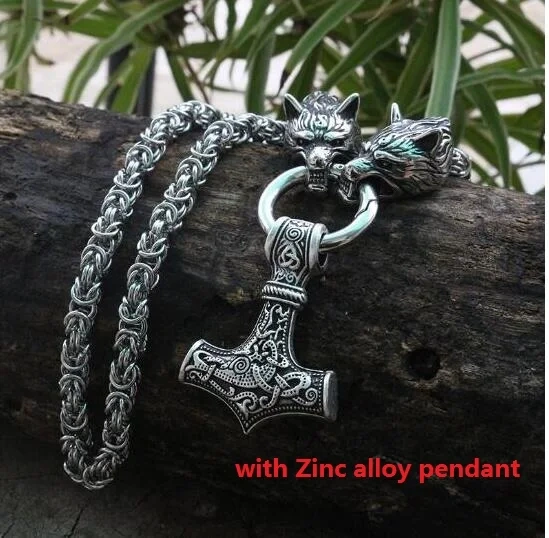 Men stainless steel necklace viking wolf head with thor's hammer mjolnir pendant norse talisman ethnic jewelry