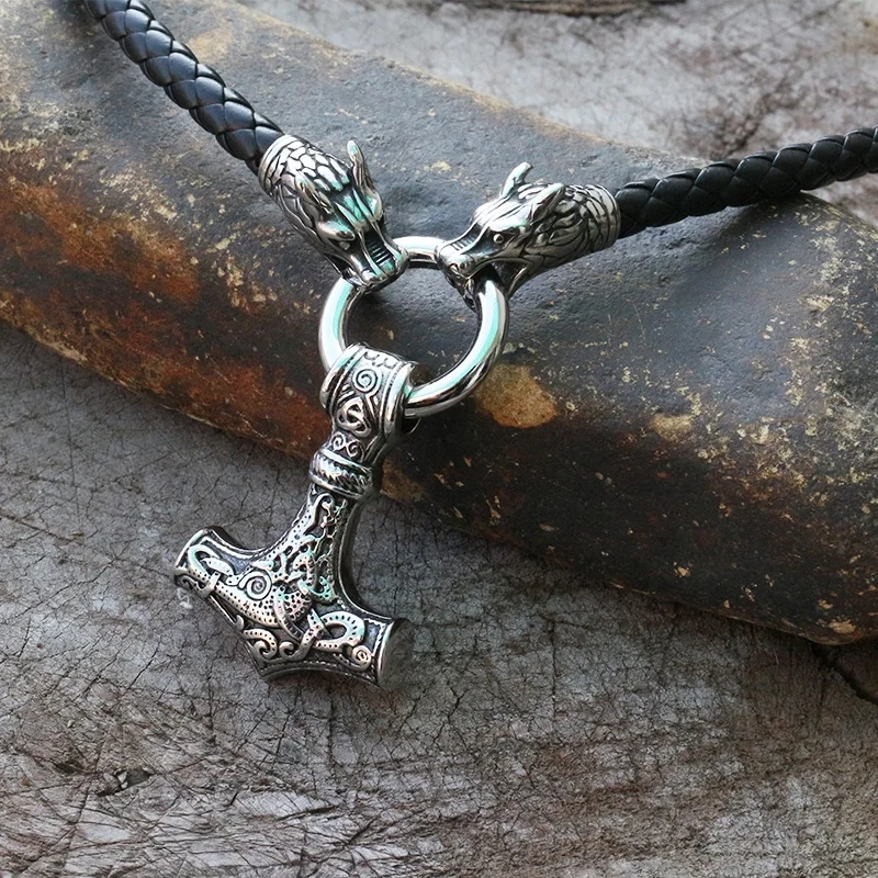 Men stainless steel necklace viking Dragon head with thor's hammer mjolnir necklace pendan norse talisman ethnic jewelry