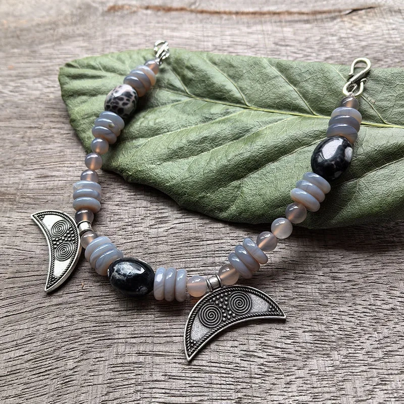 2 Rows Retro Gray Layered Classic Brooch Chain With Gray Onyx,Viking Jewellery,Celtic Jewellery,Tribal Jewelry,Unique Gift