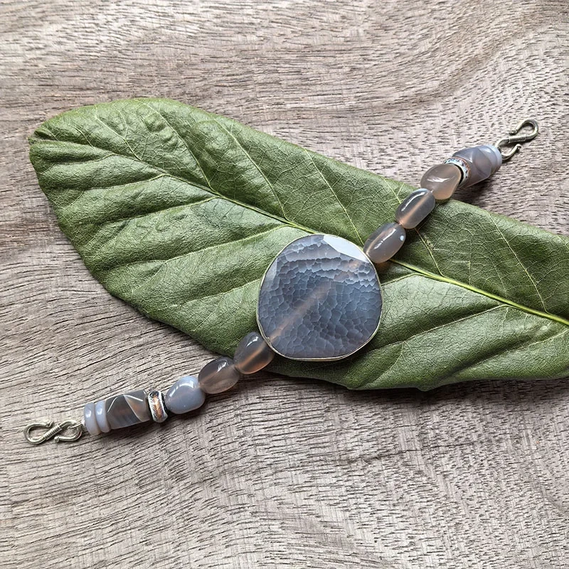2 Rows Retro Gray Layered Classic Brooch Chain With Gray Onyx,Viking Jewellery,Celtic Jewellery,Tribal Jewelry,Unique Gift