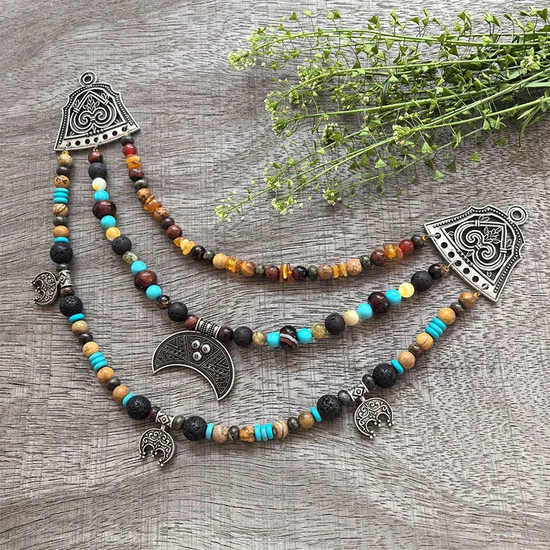 3 Rows Retro Amber Layered Classic Brooch Chain With Jasper,Viking Necklace,Celtic Jewelry,Tribal Jewelry Gift For You