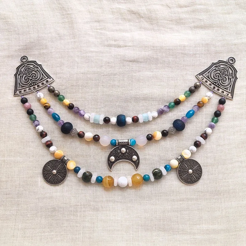 3 Rows Retro Shell Pearl Layered Classic Brooch Chain With Amethyst,Viking Necklace,Celtic Jewelry,Tribal Jewelry Gift For You