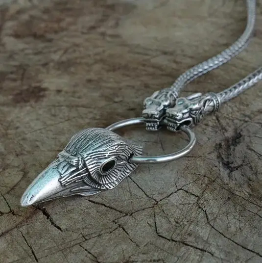 Viking raven head pendant norse jewelry men necklace with wolf head chain norse odin raven Crow pendant