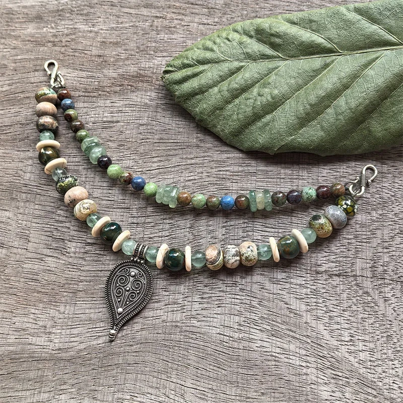 2 Rows Retro Green Layered Classic Brooch Chain With Jasper,Viking Jewellery,Celtic Jewellery,Tribal Jewelry,Unique Gift For You