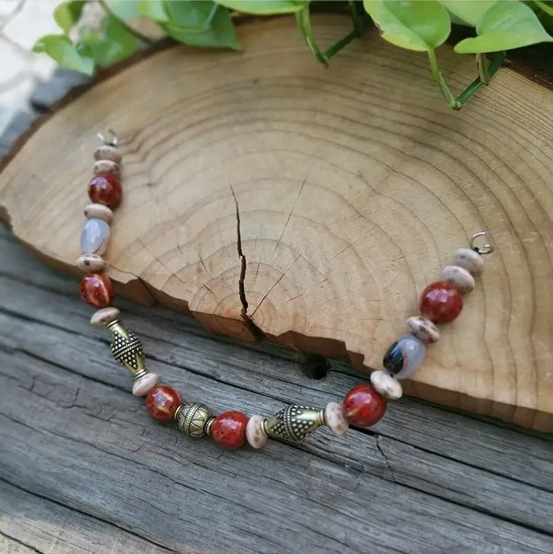 Ethnic Necklace 10mm Stone Beads,Red Onyx,Ceramic Bead,Moon Pendant,Unique Ethnic Jewelry,Bronze Ethnic Set Jewelry Gift For You