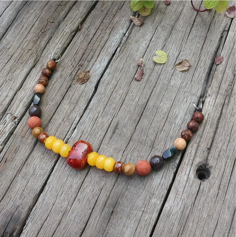Viking Ethnic Jewelry, Moon, Natural Stones,Antique Onyx,Red Lava,Unique Ceramic Beads,Beautiful Ethnic Brooch Necklace,Handmade