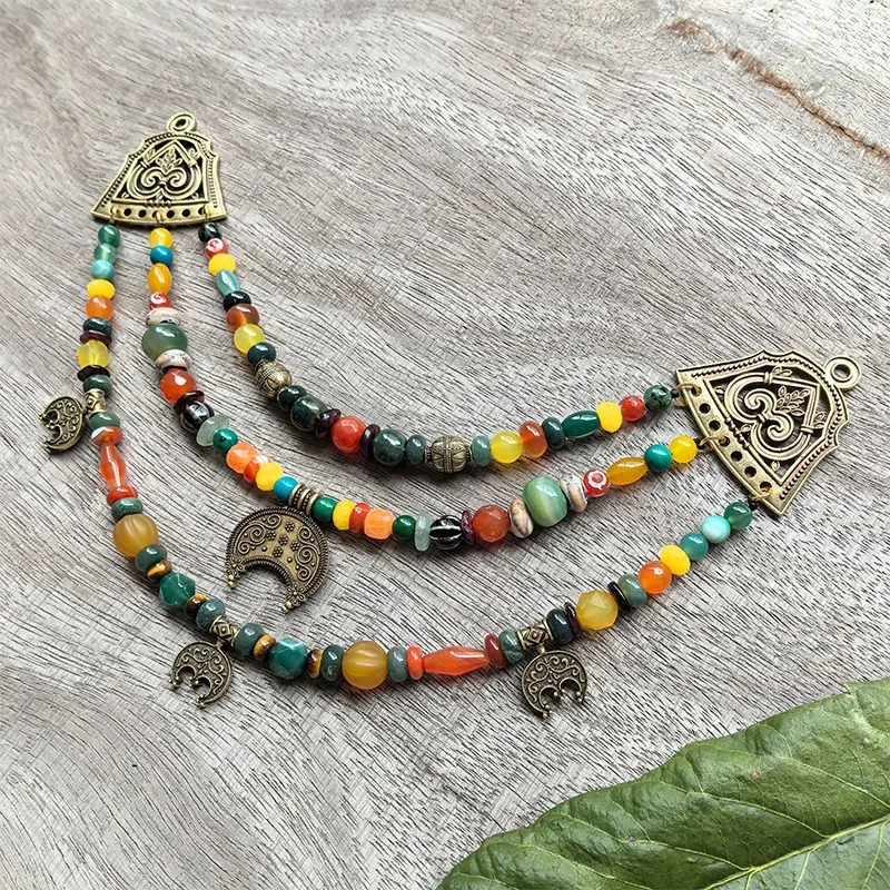 3 Rows Retro Green Layered Classic Brooch Chain With Onyx,Viking Necklace,Celtic Jewellery,Tribal Jewelry,Culture Beads Jewelry