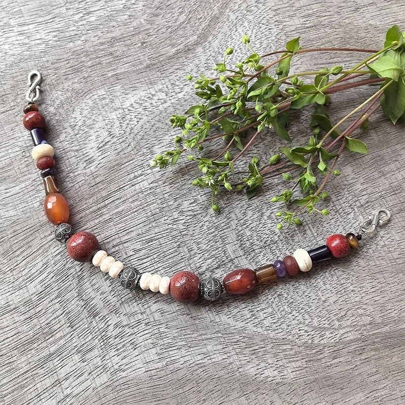3 Rows Retro Red Layered Classic Brooch Chain With Ceramic Beads,Viking Necklace,Celtic Jewelry,Tribal Jewelry Unique Gift