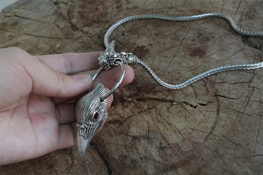 Viking raven head pendant norse jewelry men necklace with wolf head chain norse odin raven Crow pendant