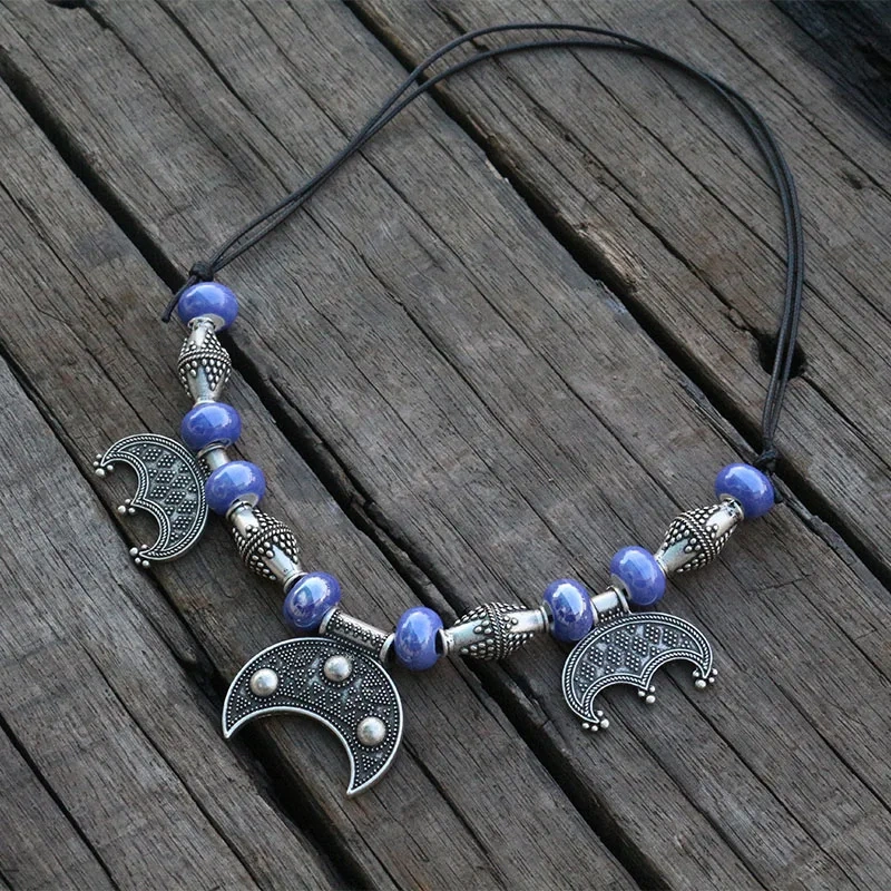 Purple Beads With Rigid Lunula Pendant, Slavic inspirations Rough Viking Age Dress Kette Necklace Brooch Jewelry For Charm Women