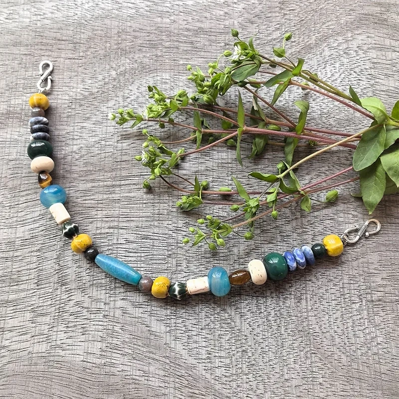 3 Rows Retro Blue Layered Classic Brooch Chain With Ceramic Beads,Viking Necklace,Celtic Jewelry,Tribal Jewelry Unique Gift