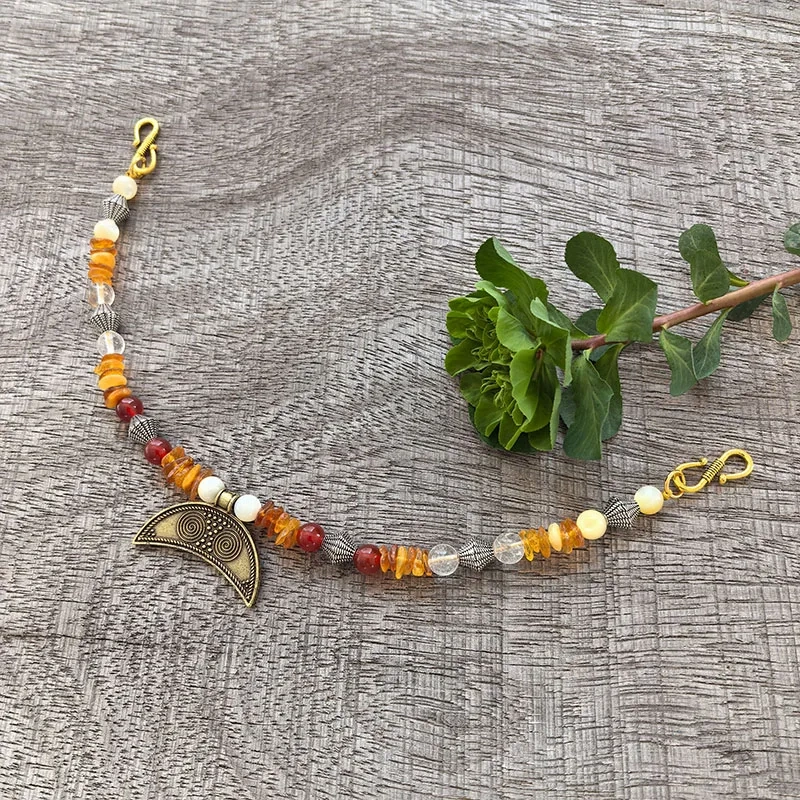 2 Rows Retro Amber Layered Classic Brooch Chain With Shell Pearl,Viking Onyx Beads,Celtic Jewelry,Tribal Necklace Gift For You