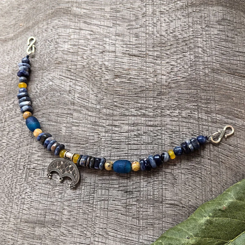 2 Rows Retro Viking Apron Brooches With Sodalite Stone,Ceramic Beads,Viking Necklace,Celtic Jewellery,Tribal Jewelry Blue Gift