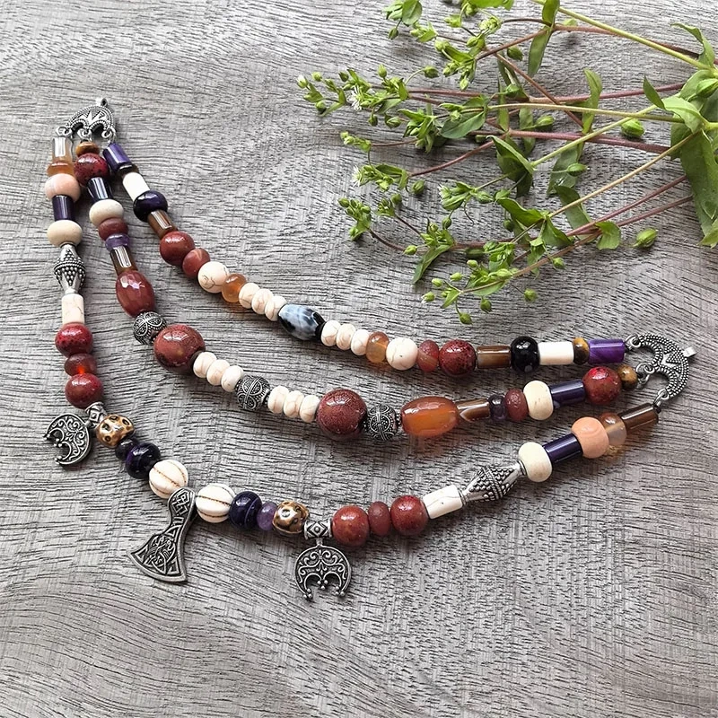 3 Rows Retro Red Layered Classic Brooch Chain With Ceramic Beads,Viking Necklace,Celtic Jewelry,Tribal Jewelry Unique Gift