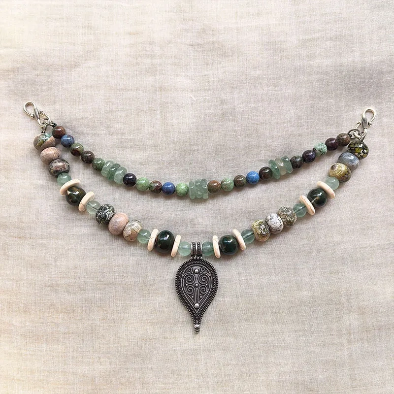 2 Rows Retro Green Layered Classic Brooch Chain With Jasper,Viking Jewellery,Celtic Jewellery,Tribal Jewelry,Unique Gift For You