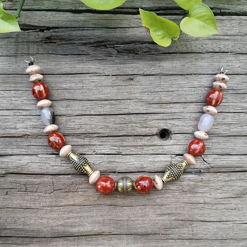 Ethnic Necklace 10mm Stone Beads,Red Onyx,Ceramic Bead,Moon Pendant,Unique Ethnic Jewelry,Bronze Ethnic Set Jewelry Gift For You