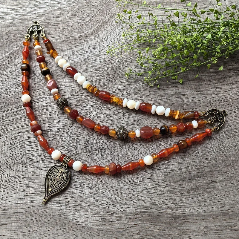 3 Rows Retro Red Onyx Layered Classic Brooch Chain With Shell Pearl Beads,Viking Necklace,Celtic Jewelry,Tribal Jewelry Gift