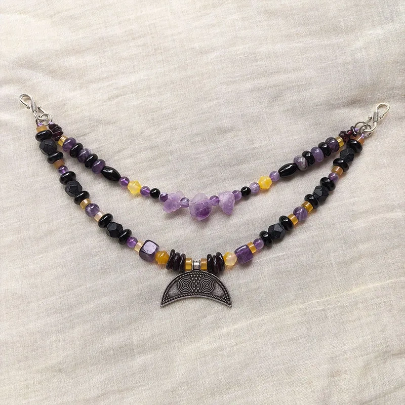 2 Rows Retro Amethyst Layered Classic Brooch Chain With Moon Pendant,Viking Necklace,Celtic Jewelry,Tribal Jewelry Gift For You