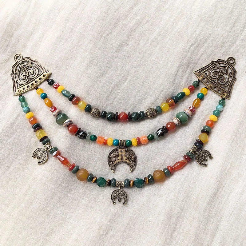 3 Rows Retro Green Layered Classic Brooch Chain With Onyx,Viking Necklace,Celtic Jewellery,Tribal Jewelry,Culture Beads Jewelry