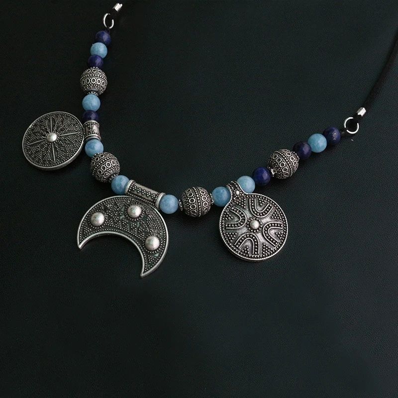 8mm Lapis Lazuli And Amazonite Beads Necklace, slavic Ethnic , Viking Ethnic Jewelry for women Lunitsa, Slaves  LUNULA pendant