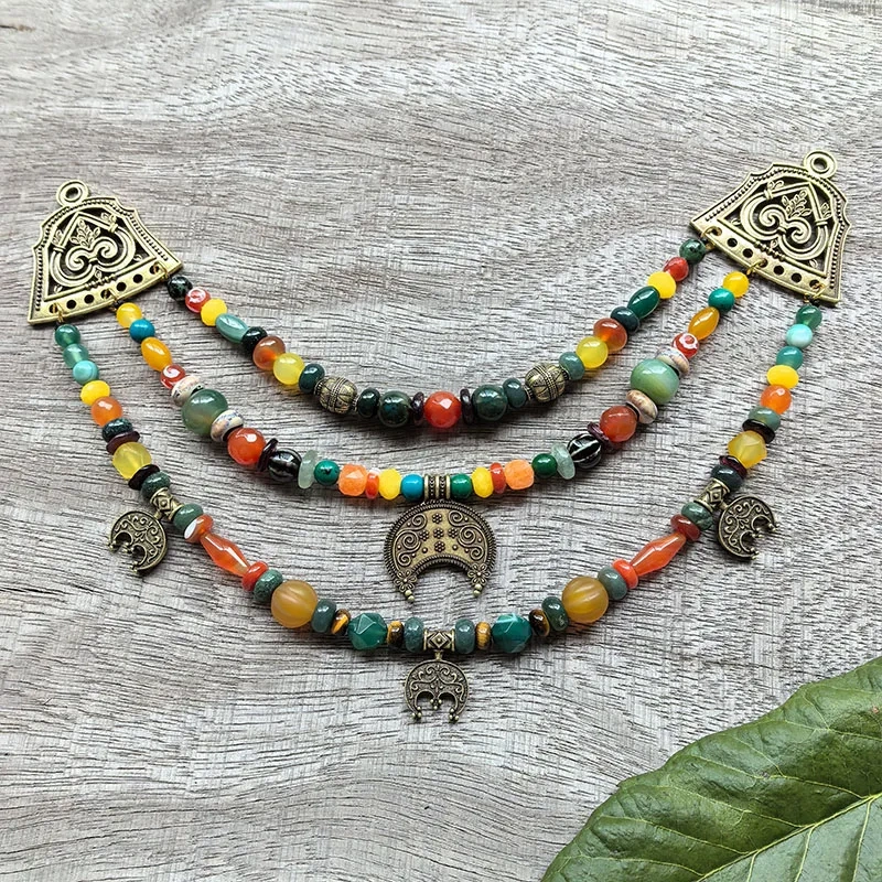 3 Rows Retro Green Layered Classic Brooch Chain With Onyx,Viking Necklace,Celtic Jewellery,Tribal Jewelry,Culture Beads Jewelry