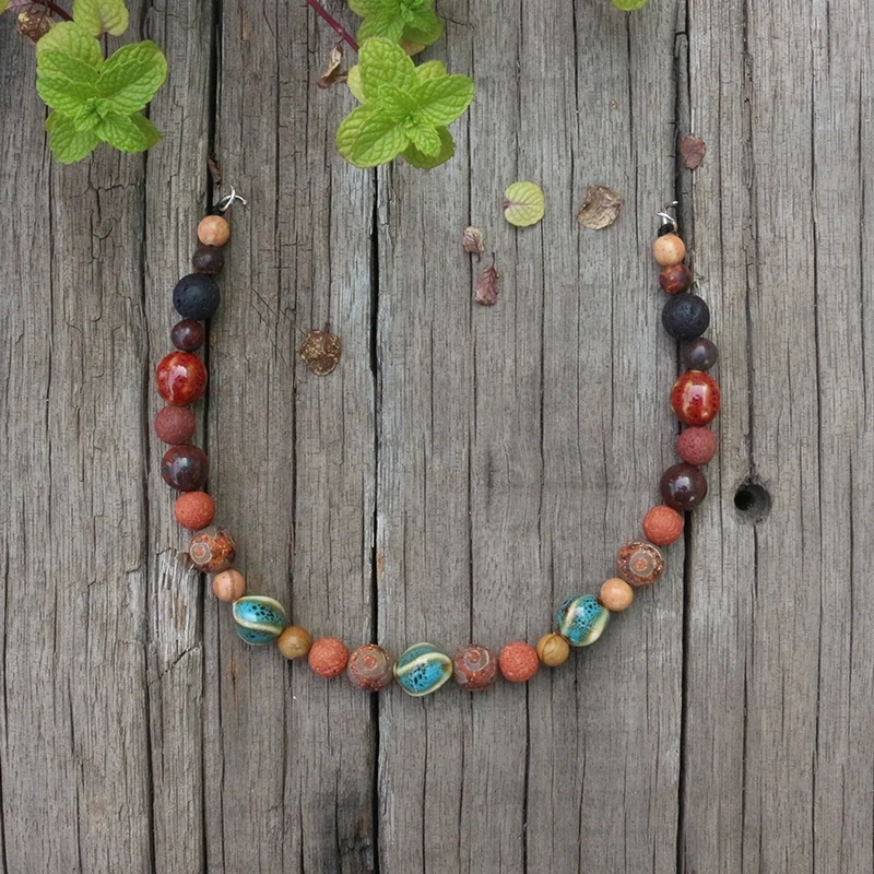 Viking Ethnic Jewelry, Moon, Natural Stones,Antique Onyx,Red Lava,Unique Ceramic Beads,Beautiful Ethnic Brooch Necklace,Handmade