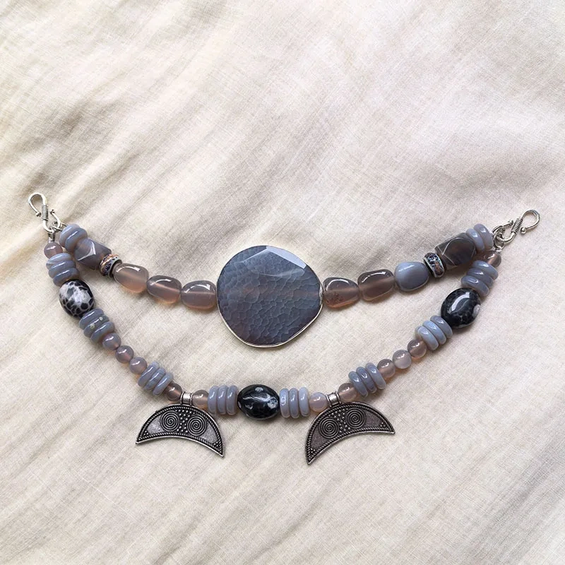 2 Rows Retro Gray Layered Classic Brooch Chain With Gray Onyx,Viking Jewellery,Celtic Jewellery,Tribal Jewelry,Unique Gift