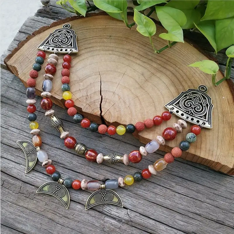 Ethnic Necklace 10mm Stone Beads,Red Onyx,Ceramic Bead,Moon Pendant,Unique Ethnic Jewelry,Bronze Ethnic Set Jewelry Gift For You