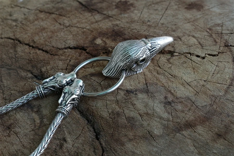 Viking raven head pendant norse jewelry men necklace with wolf head chain norse odin raven Crow pendant