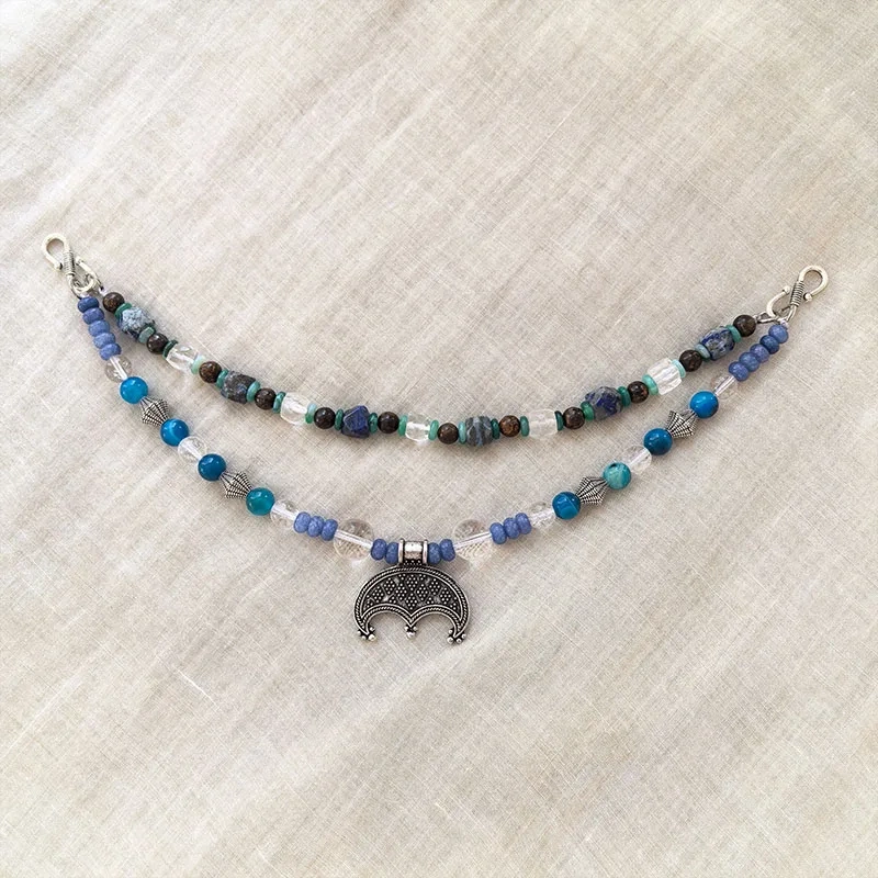 2 Rows Retro Lapis Lazuli Layered Classic Brooch Chain With Crystal,Viking Necklace,Celtic Jewelry,Tribal Jewelry Gift For You