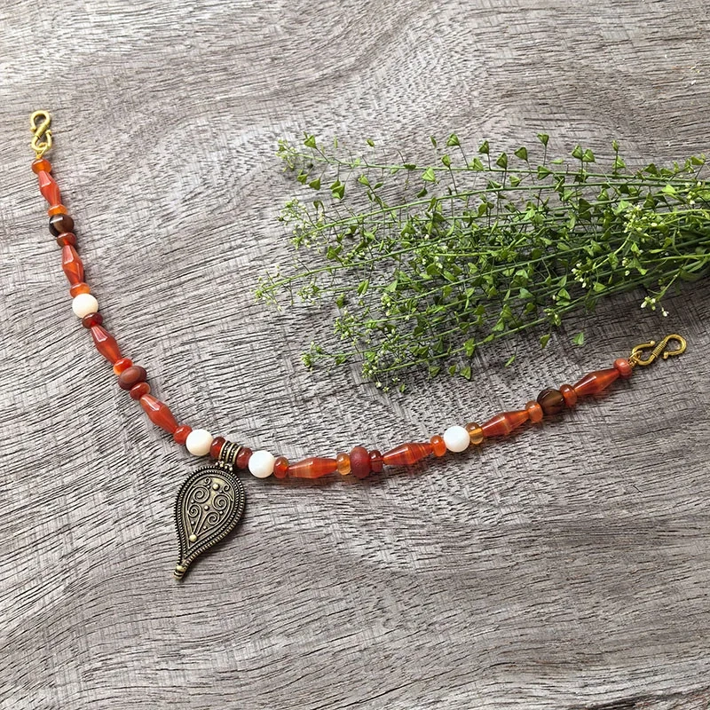 3 Rows Retro Red Onyx Layered Classic Brooch Chain With Shell Pearl Beads,Viking Necklace,Celtic Jewelry,Tribal Jewelry Gift