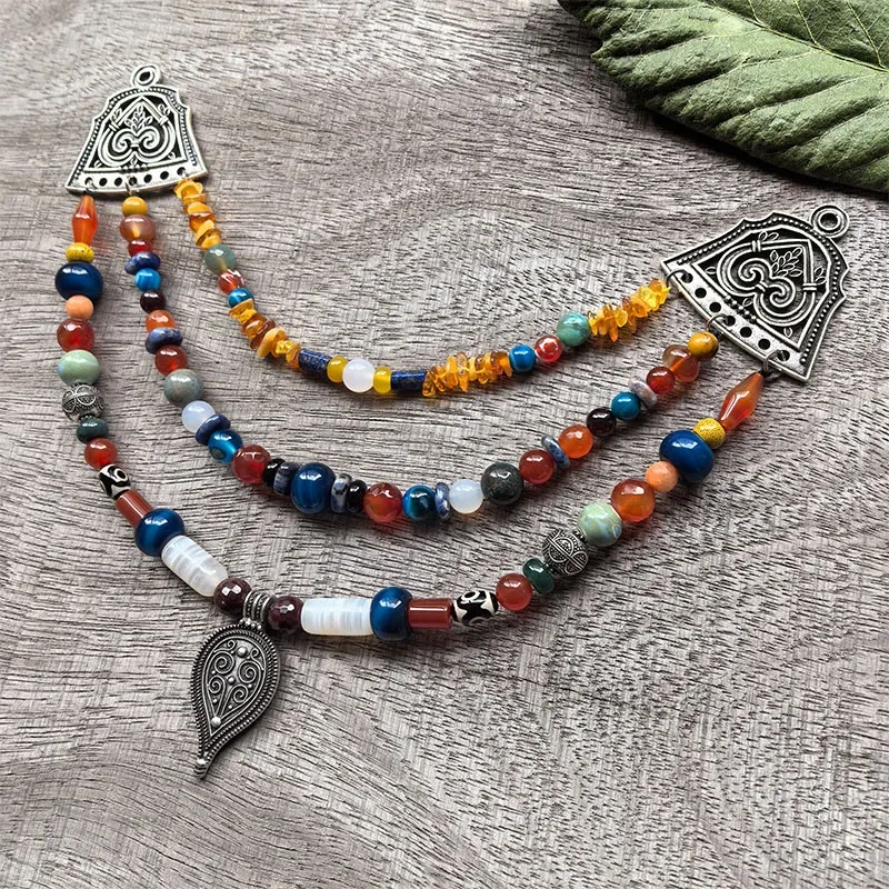 3 Rows Retro Viking Apron Brooches With Amber,Onyx,Metal And Lapis beads,Viking Necklace,Celtic Jewellery,Tribal Jewelry Gift