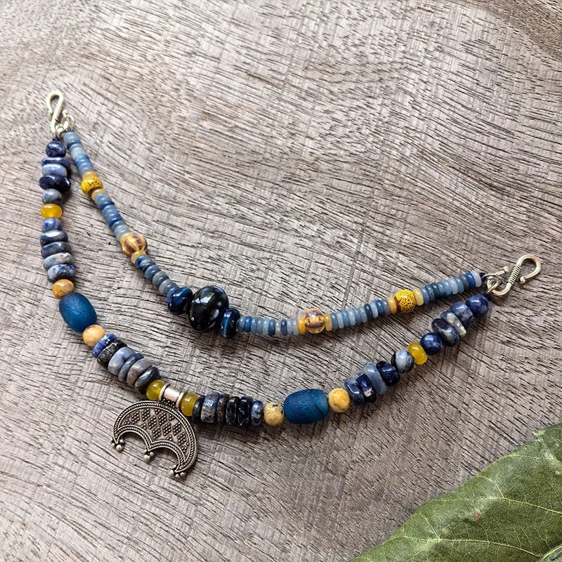 2 Rows Retro Viking Apron Brooches With Sodalite Stone,Ceramic Beads,Viking Necklace,Celtic Jewellery,Tribal Jewelry Blue Gift